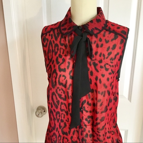 Forever21 Red Leopard Print Bow-Tie Sheer Blouse - Picture 4 of 8